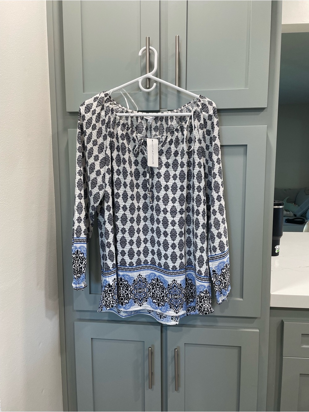 Notations White and Blue Printed Peasant Tunic